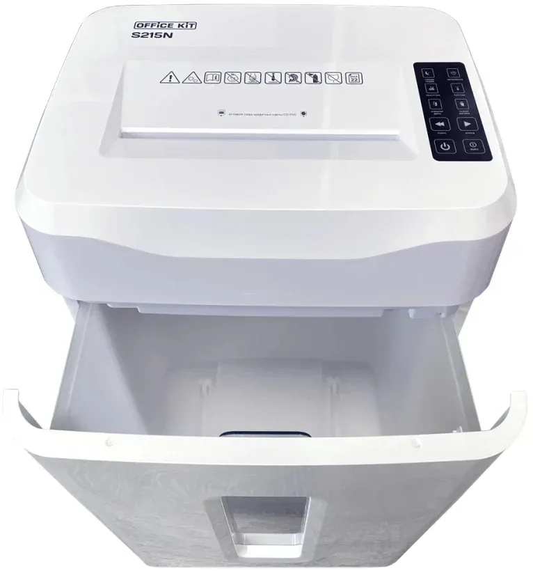 Шредер Office Kit S215N 3,9x38 белый секр.P-4 фрагменты 22лист. 35лтр. скрепки скобы пл.карты CD - фото 6