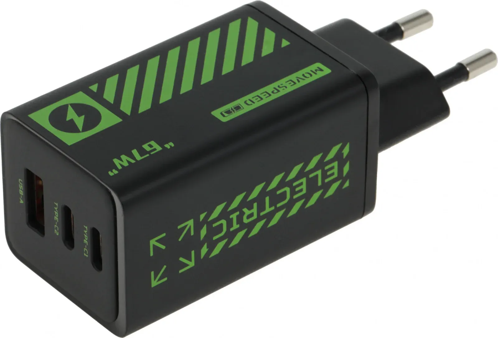Сетевое зар./устр. Movespeed Pro AC67 67W 3A PD+QC+AFC USB/2xUSB Type-C универсальное черный/зеленый - фото 2
