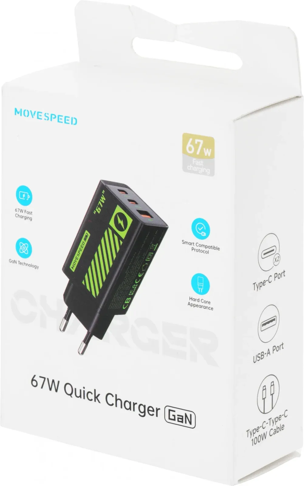 Сетевое зар./устр. Movespeed Pro AC67 67W 3A PD+QC+AFC USB/2xUSB Type-C универсальное черный/зеленый - фото 5