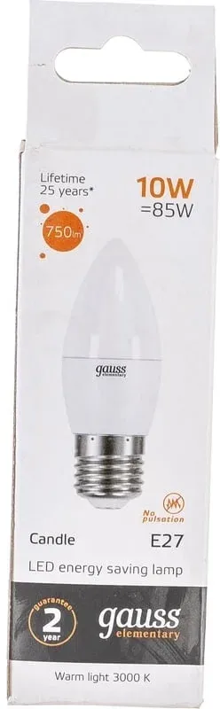 Лампа светодиодная Gauss Elementary 30210 10Вт цок.:E27 свеча 220B св.свеч.бел.теп. упак.:1шт - фото 6
