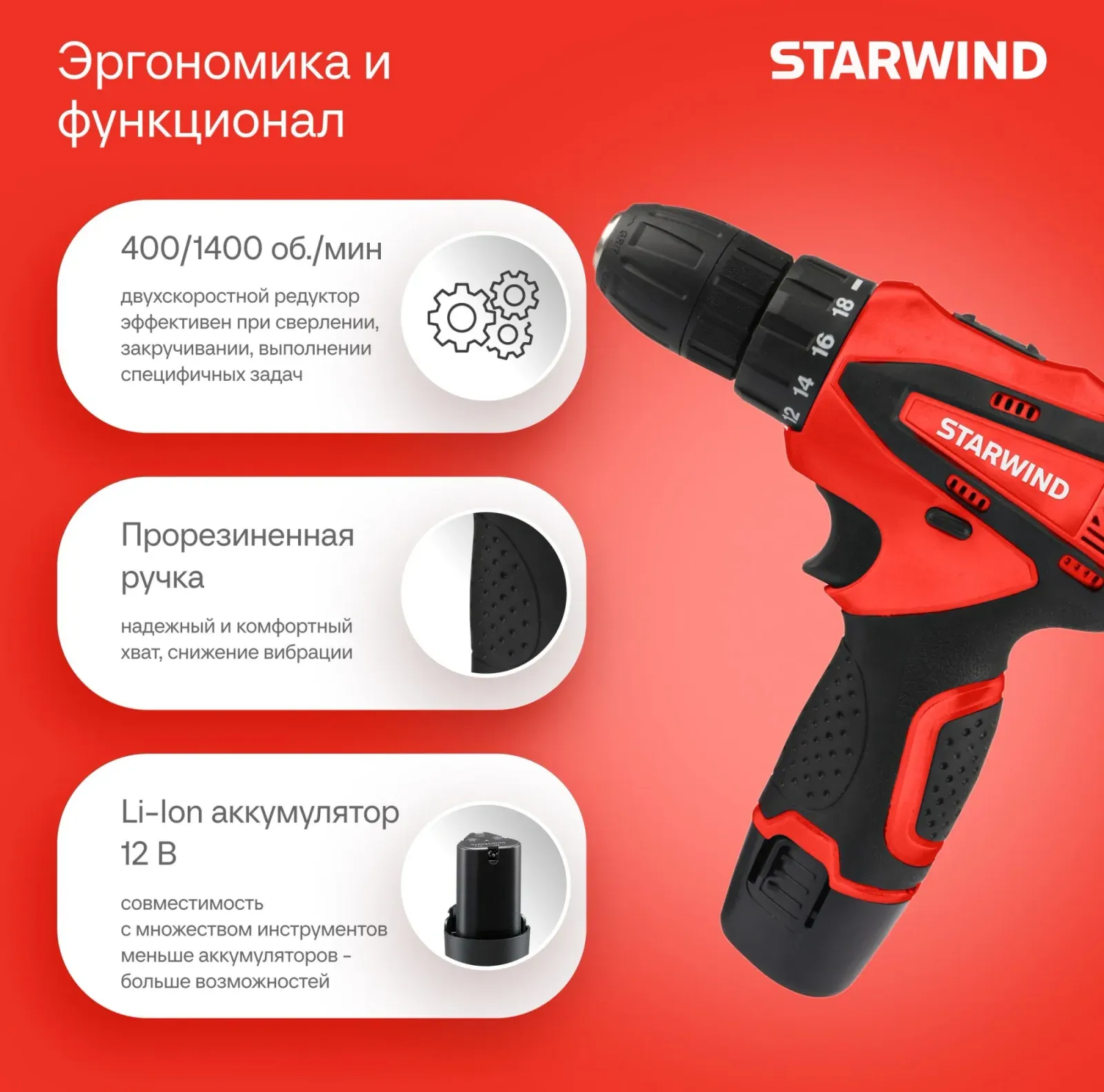 Дрель-шуруповерт Starwind CDT12-2.0/2S1 24Вт аккум. патрон:быстрозажимной кейс в комплекте - фото 5