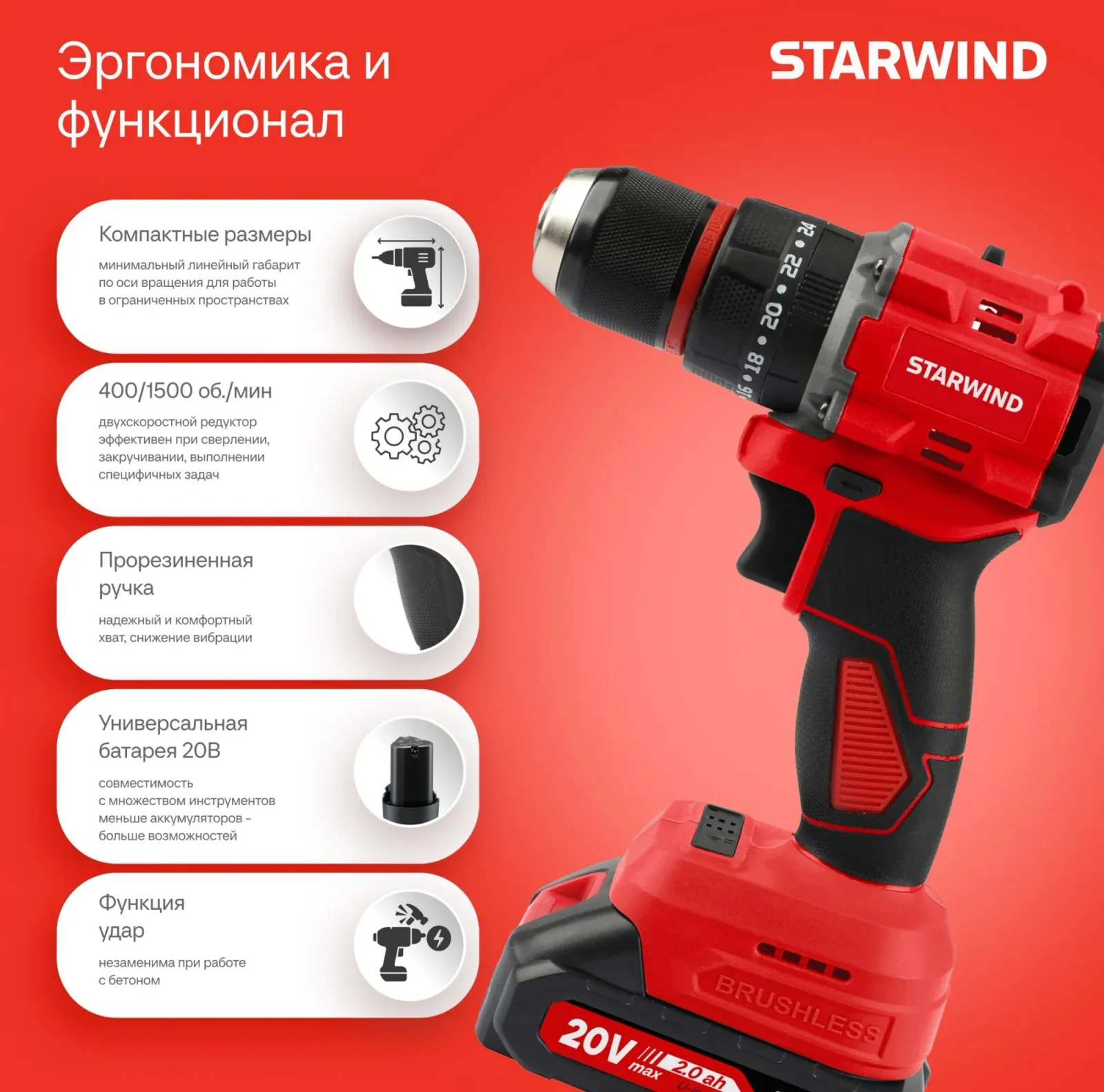 Дрель-шуруповерт Starwind CDB20-2.0/2hs1 40Вт аккум. патрон:быстрозажимной кейс в комплекте - фото 4