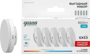 Лампа светодиодная Gauss Elementary 12Вт цок.:GX53 таблетка 220B св.свеч.бел.хол. упак.:5шт 84822V - фото 7