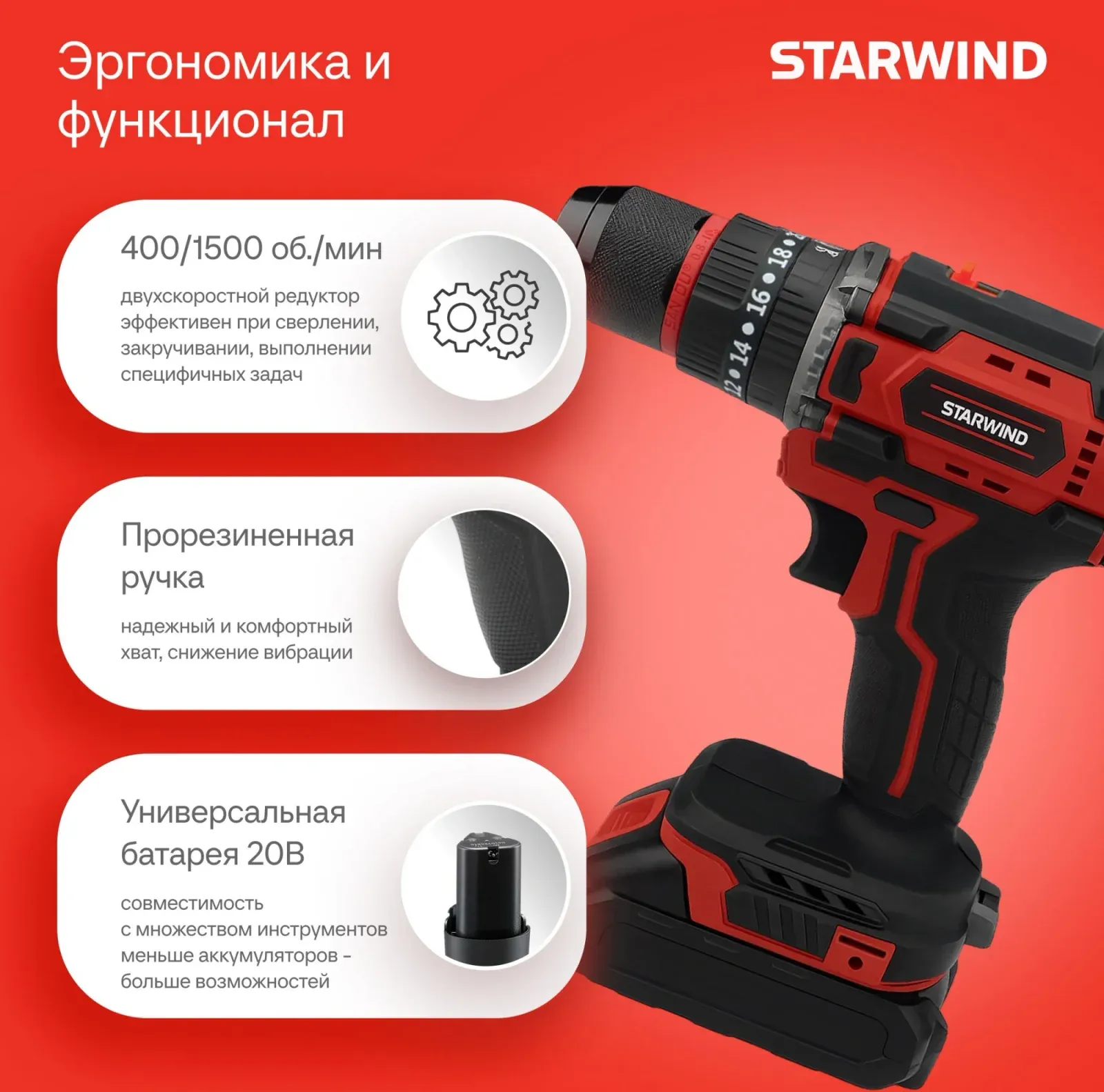 Дрель-шуруповерт Starwind CD20-2.0/2.0hS1 40Вт аккум. патрон:быстрозажимной кейс в комплекте - фото 5