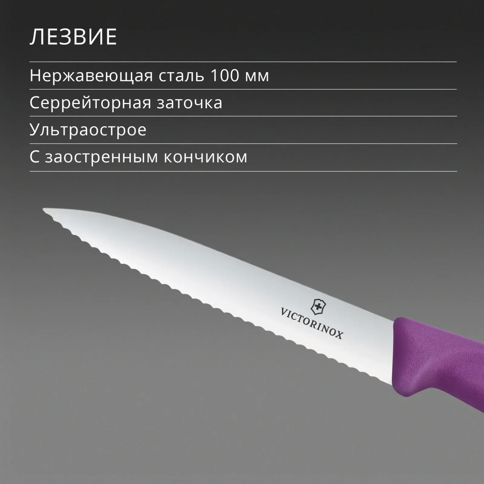 Нож кухонный Victorinox Swiss Classic 6.7735.C1 стальной универсальный для чистки овощей и фруктов лезв.100мм серрейт. заточка пурпурный - фото 4