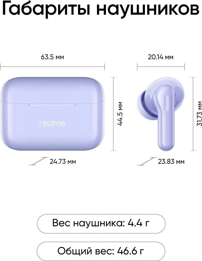 Гарнитура внутриканальные Realme Buds T200 фиолетовый беспроводные bluetooth в ушной раковине 6941764462083 - фото 2