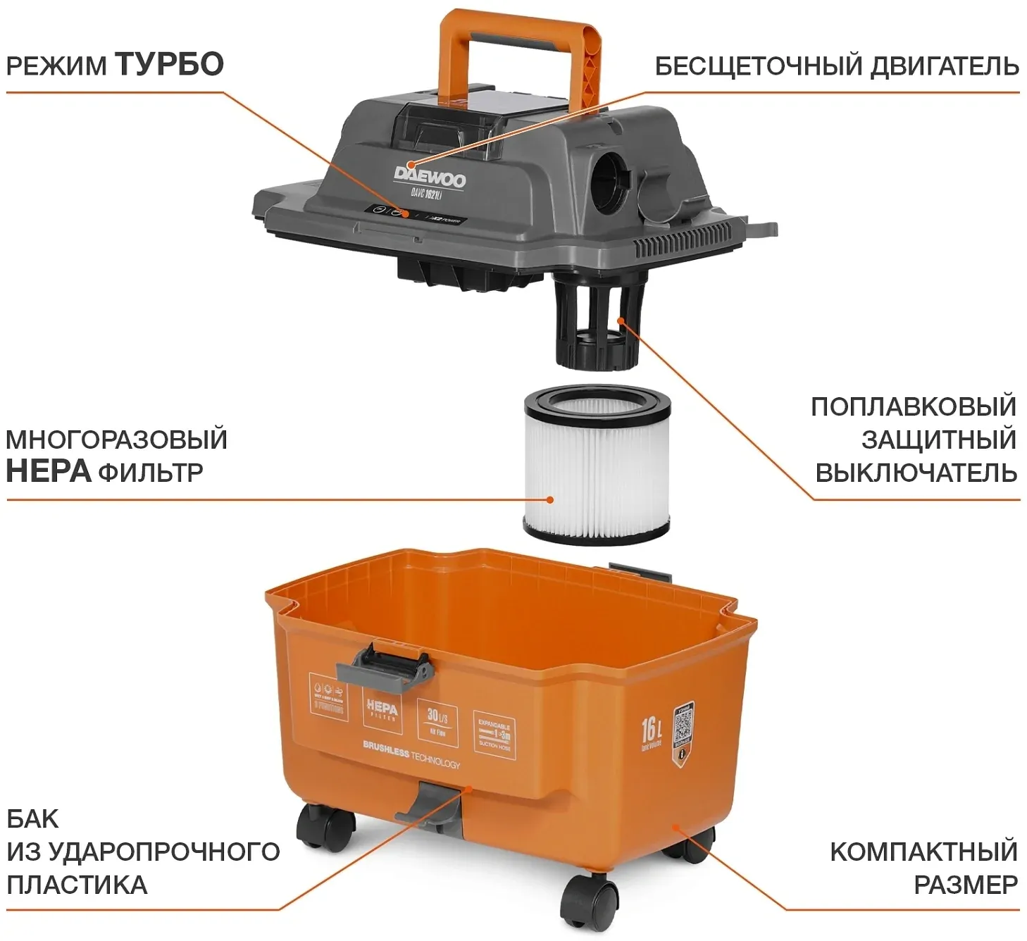 Строительный пылесос Daewoo DAVC 1621Li SET 200Вт уборка: сухая/сбор воды/выдув оранжевый - фото 4