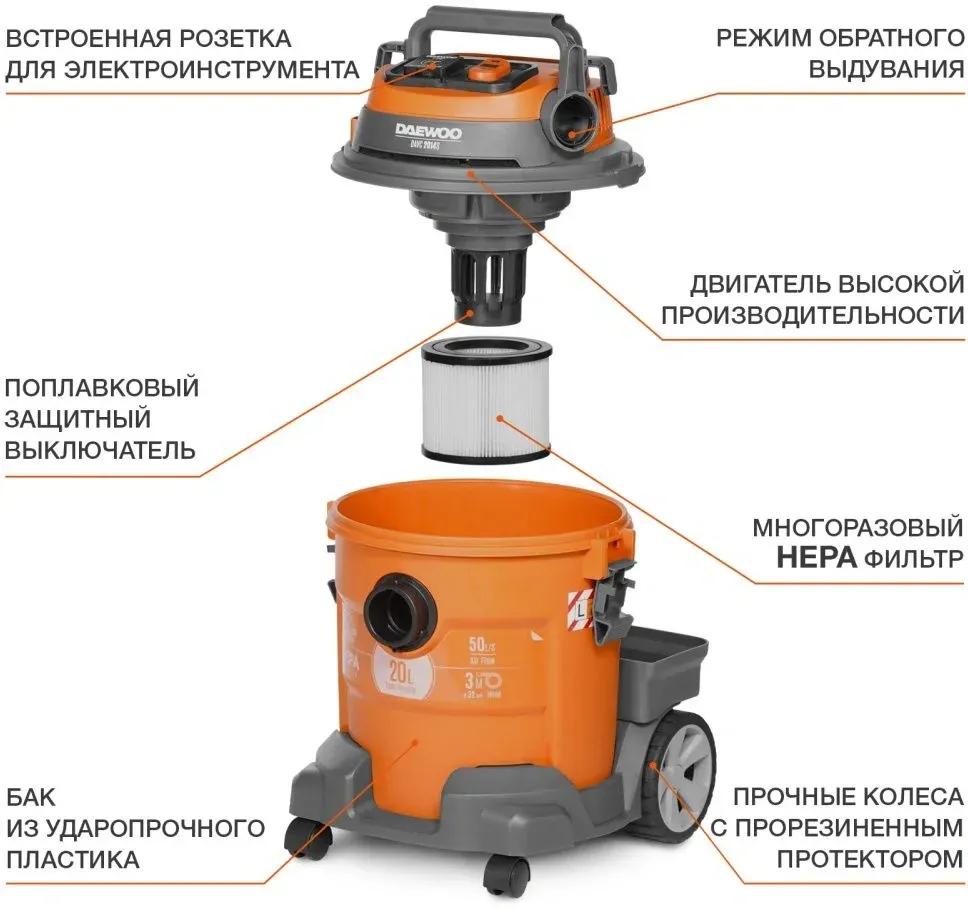 Строительный пылесос Daewoo DAVC 2014S 1400Вт уборка: сухая/влажная/выдув/сбор воды оранжевый - фото 4