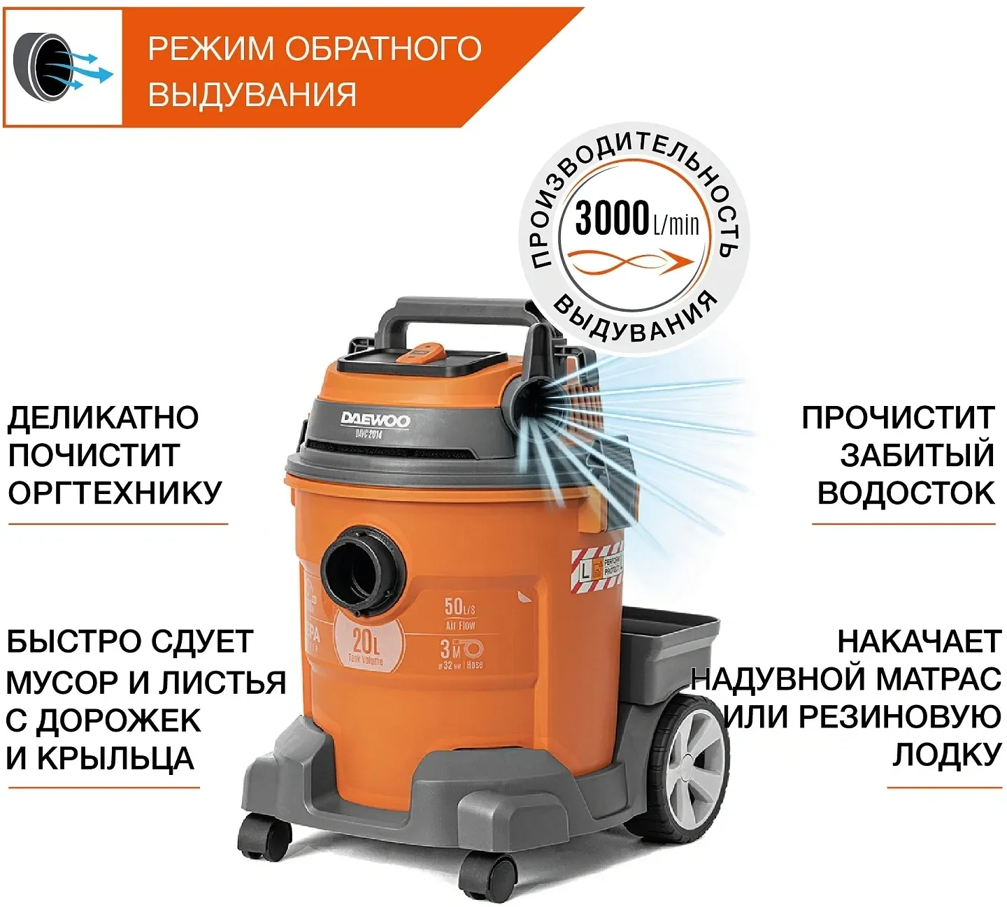 Строительный пылесос Daewoo DAVC 2514S 1400Вт уборка: сухая/влажная/выдув/сбор воды серый - фото 8