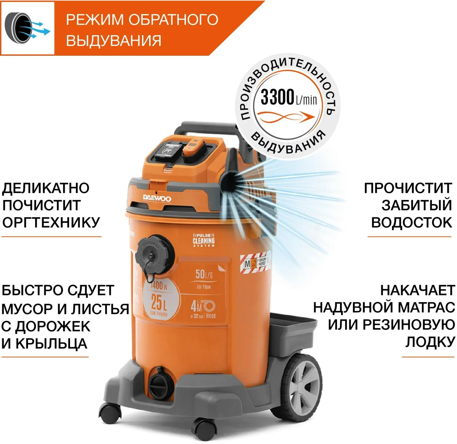 Строительный пылесос Daewoo DAVC 2500SD 1400Вт уборка: сухая/влажная/выдув/сбор воды оранжевый - фото 5