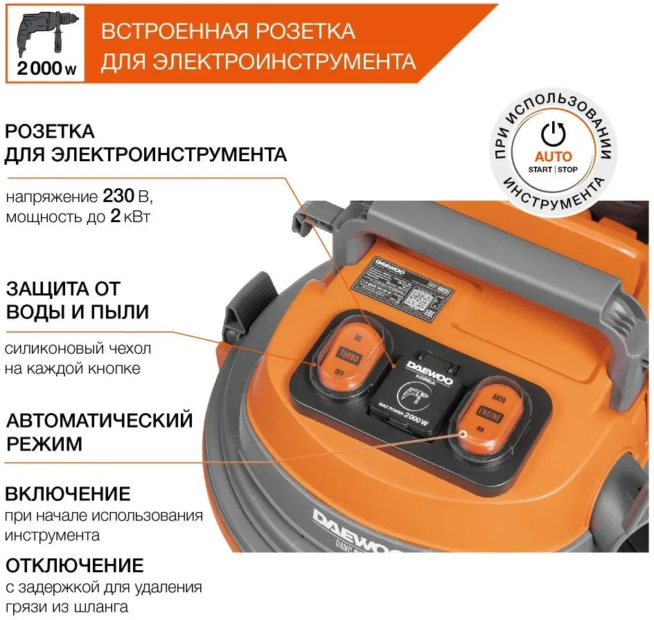 Строительный пылесос Daewoo DAVC 6025S 2500Вт уборка: сухая/сбор воды/выдув оранжевый - фото 5