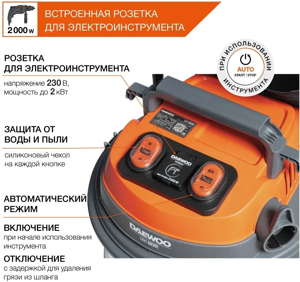 Строительный пылесос Daewoo DAVC 6030S 3200Вт уборка: сухая/сбор воды/выдув серебристый - фото 5