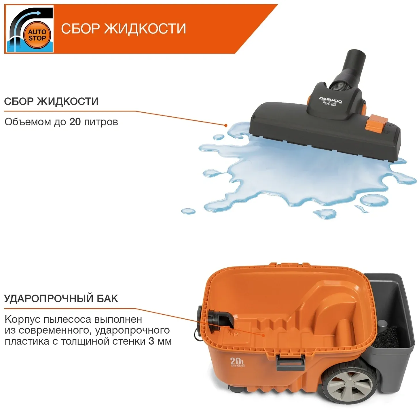 Строительный пылесос Daewoo DAVC 2000 Home 1500Вт уборка: сухая/влажная/выдув/сбор воды оранжевый - фото 8