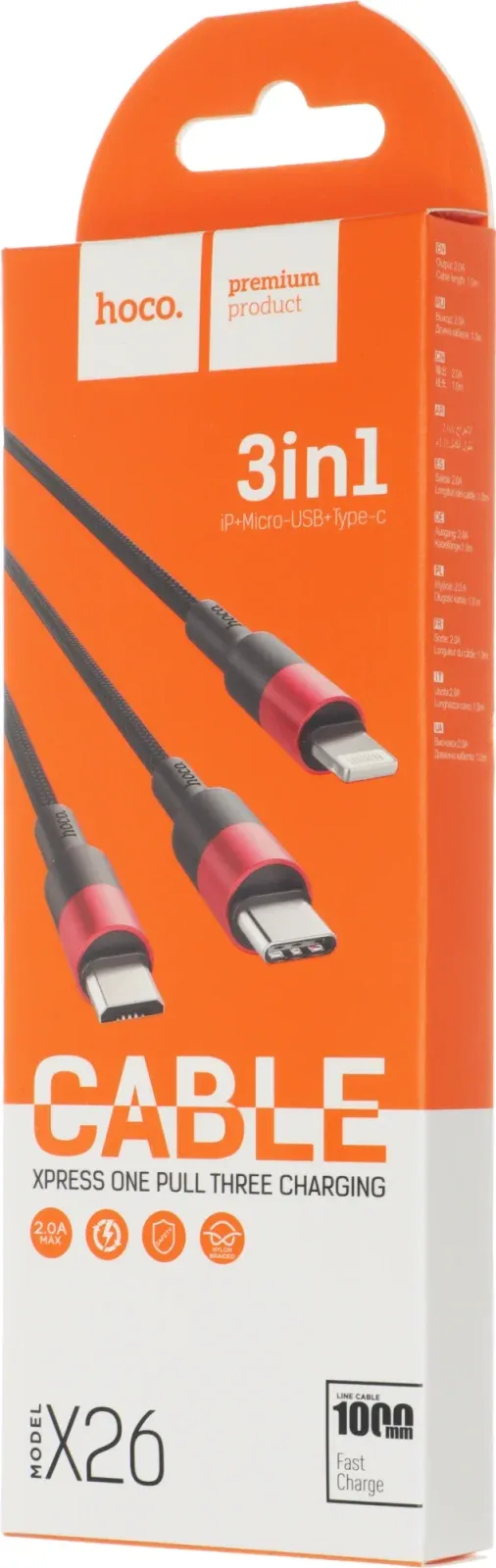 Кабель Hoco X26 Xpress one 80282 USB m-Lightning m/USB Type-C m/micro USB m 1м черный/красный - фото 6
