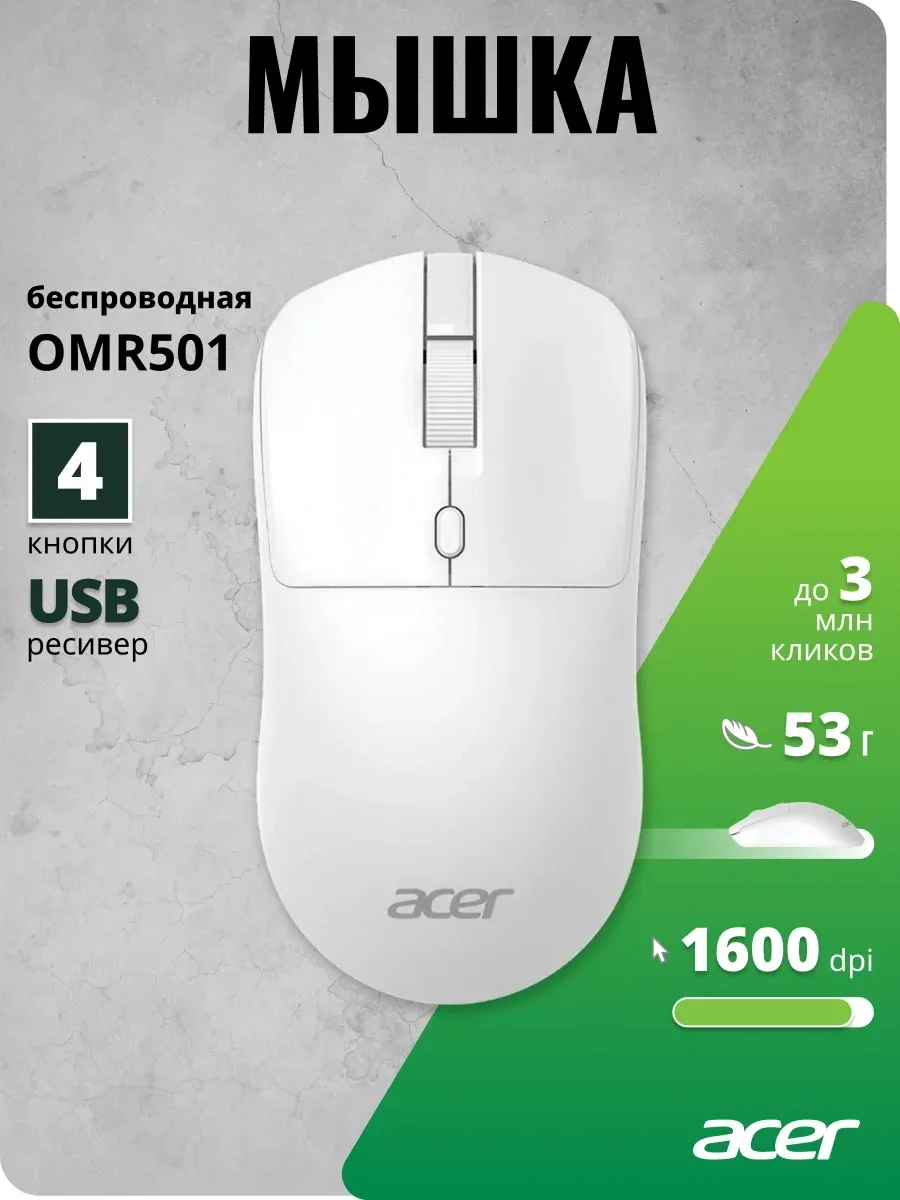 Мышь Acer OMR501 белый оптическая 1600dpi silent беспров. USB 4but ZL.MCE11.018 - фото 5