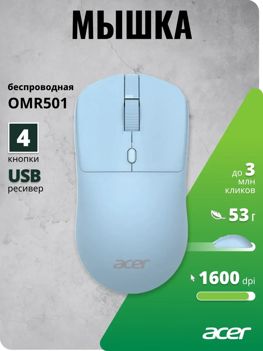 Мышь Acer OMR501 голубой оптическая 1600dpi silent беспров. USB 4but ZL.MCE11.019 - фото 5