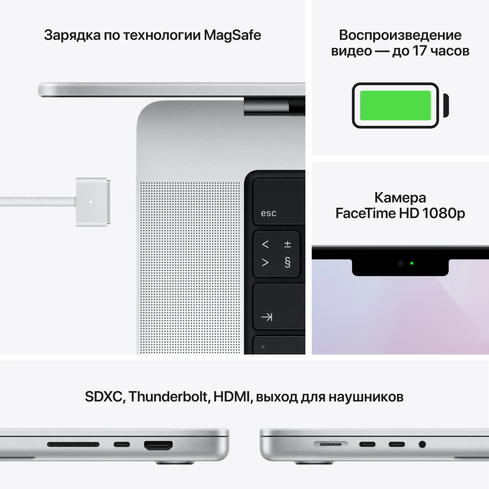 Ноутбук Apple MacBook Pro A2442 M1 Pro 10 core 16Gb SSD1Tb/16 core GPU 14.2 Liquid Retina XDR 3024x1964 macOS silver WiFi BT Cam MKGT3RU/A - фото 7