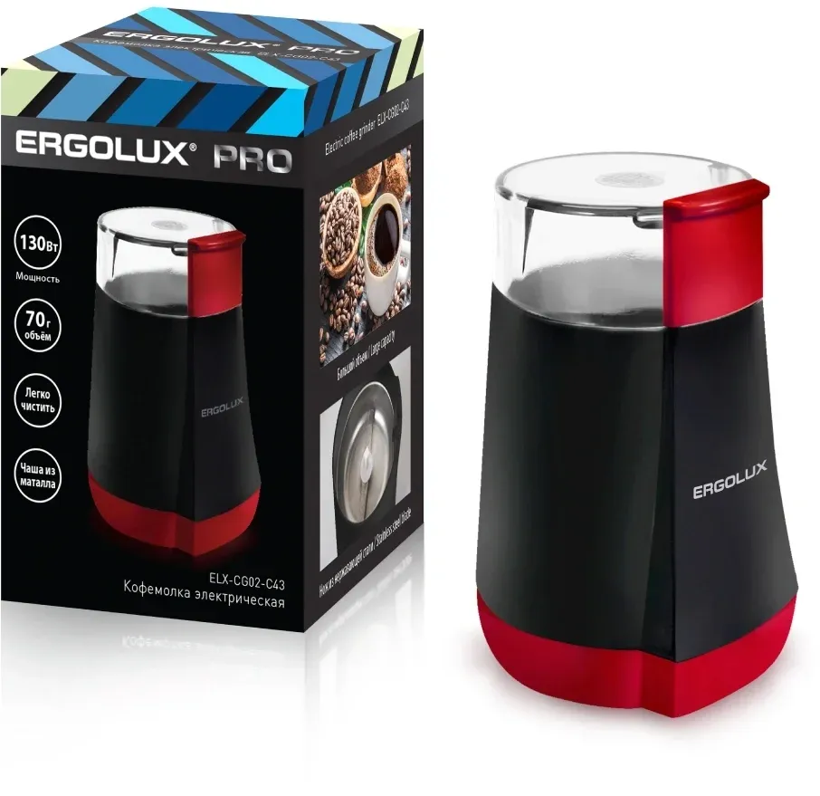 Кофемолка Ergolux ELX-CG02-C43 130Вт сист.помол.:одинарный нож вместим.:70гр черный/красный - фото 2