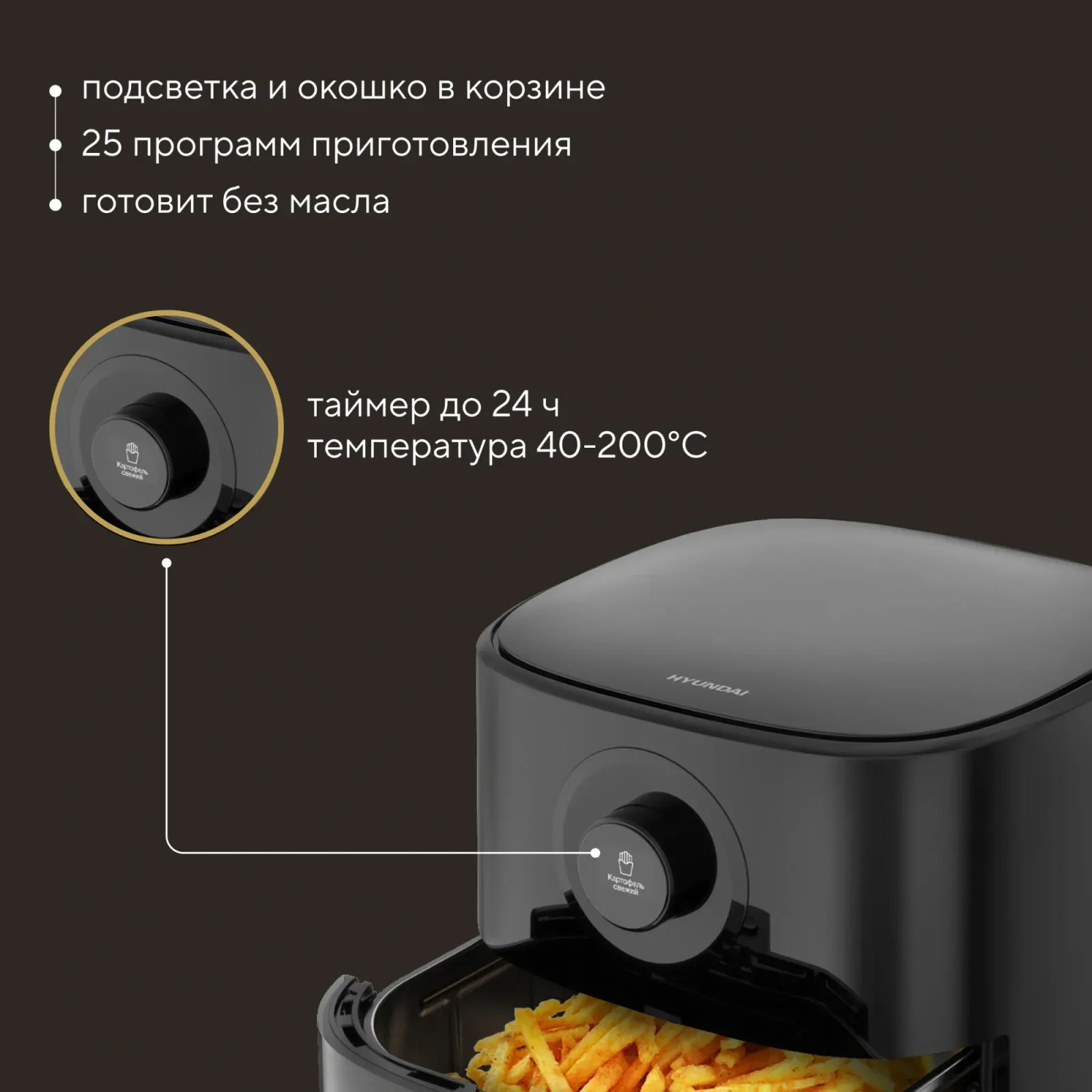 Аэрогриль Hyundai HYF-5003 5.5л 1500Вт черный/черный - фото 3