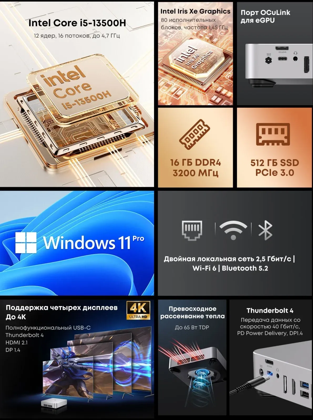 Неттоп Acer Gadget E10 ETBox1 i5 13500H 2.6 16Gb SSD512Gb UHDG Windows 11 Pro 2x2.5GbitEth WiFi BT 120W серебристый/черный - фото 3