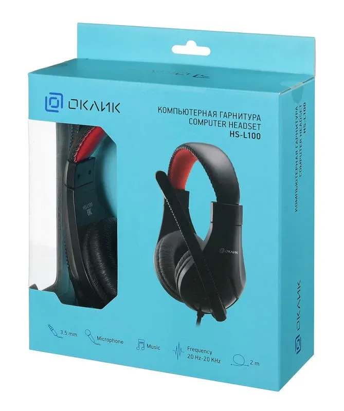 Наушники с микрофоном Оклик HS-L100 черный/красный 2м накладные оголовье 359485 - фото 4