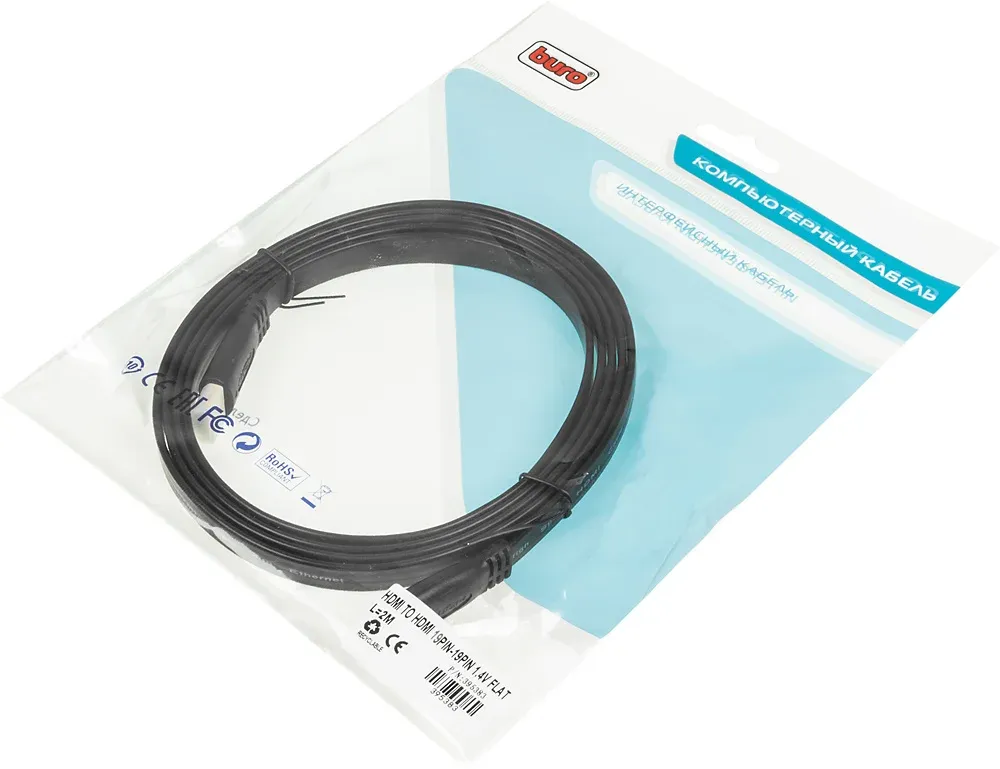 Кабель аудио-видео Buro HDMI 1.4 Flat HDMI m/HDMI m 2м. черный BHP HDMI 2 - фото 3