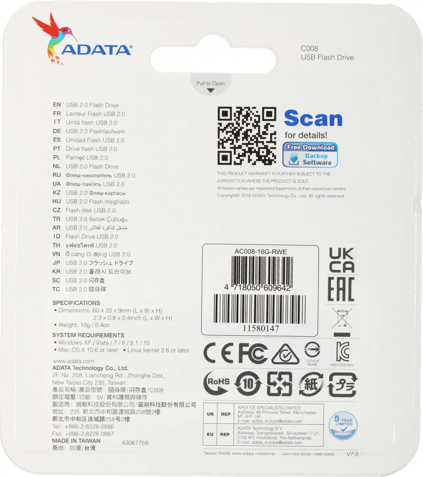 Флеш Диск A-Data 16Gb Classic C008 AC008-16G-RWE USB2.0 белый/синий, 16 ГБ - фото 5