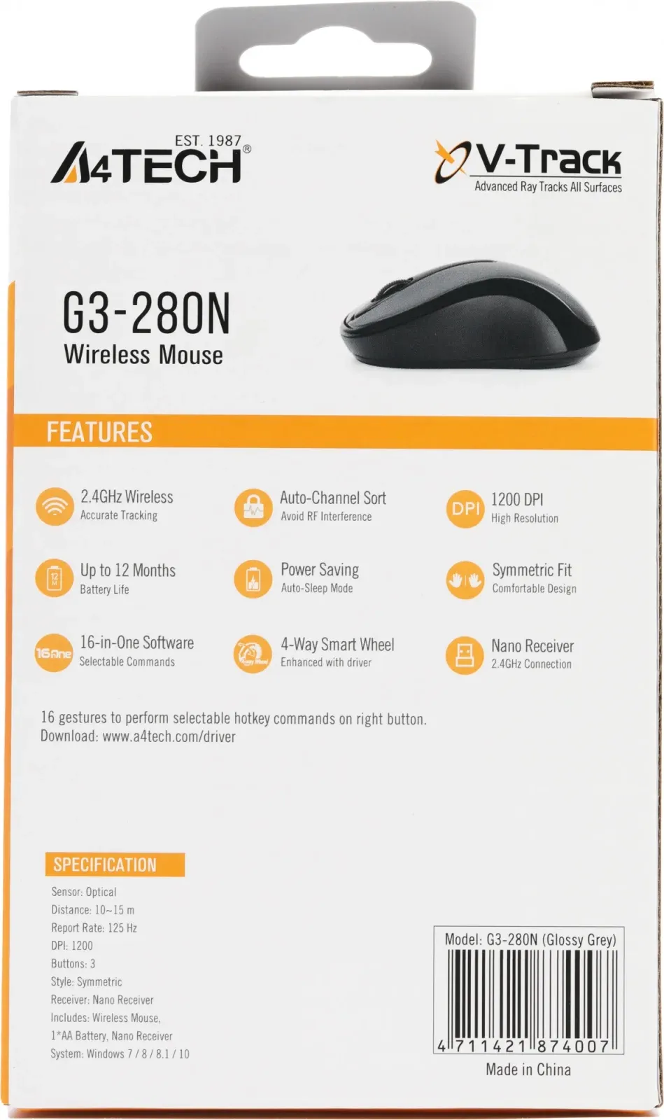 Мышь A4Tech G3-280N серый оптическая 1200dpi беспров. USB для ноутбука 3but - фото 2