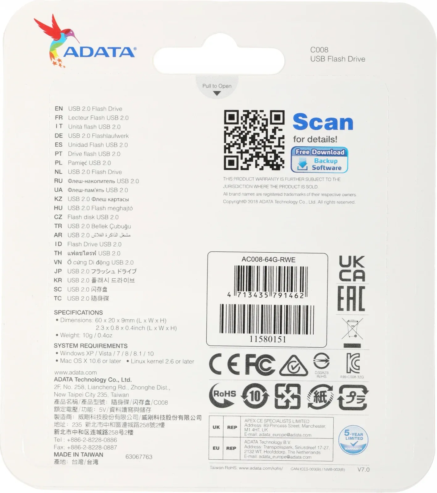 Флеш Диск A-Data 64GB Classic C008 AC008-64G-RWE USB2.0 синий/белый, 64 ГБ - фото 5