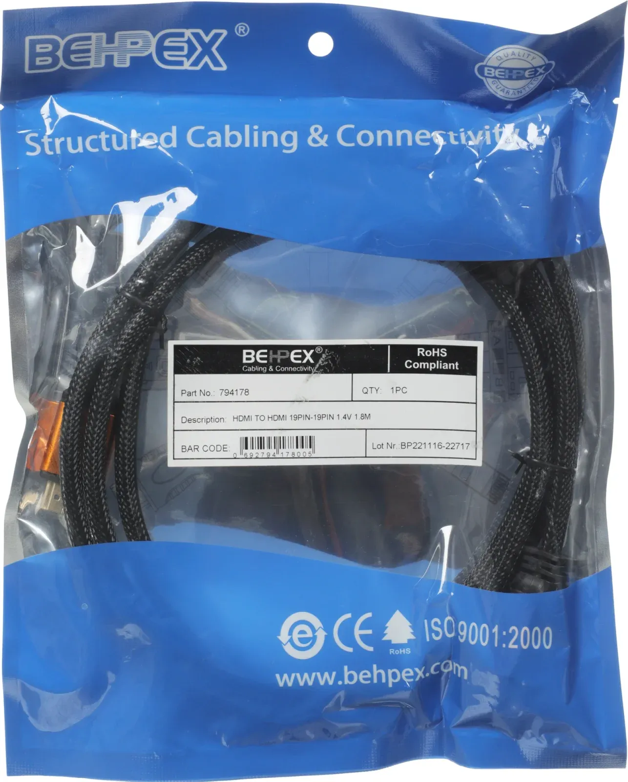 Кабель аудио-видео HDMI m/HDMI m 1.8м. феррит.кольца позолоч.конт. черный - фото 4