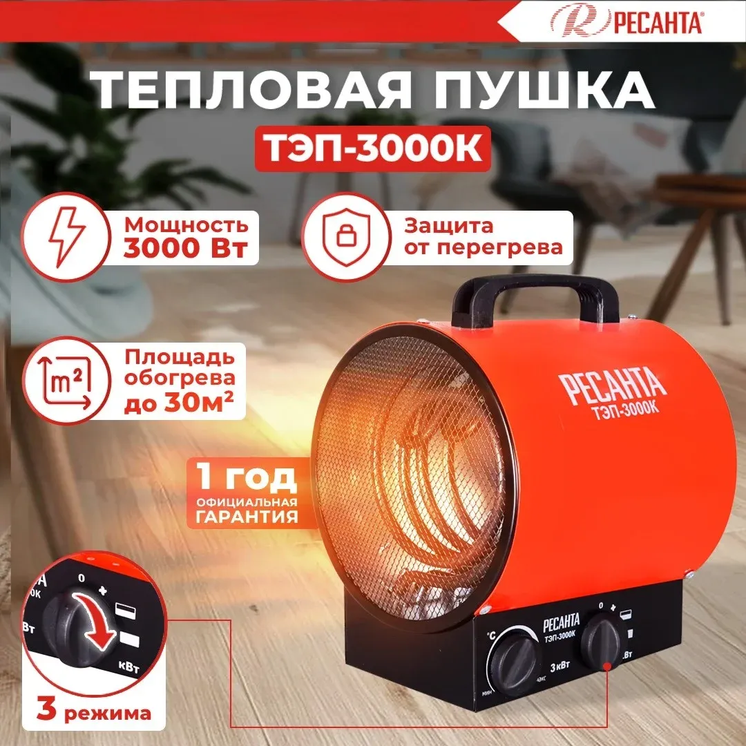 Тепловая пушка электрическая Ресанта ТЭП-3000К 3000Вт красный - фото 8