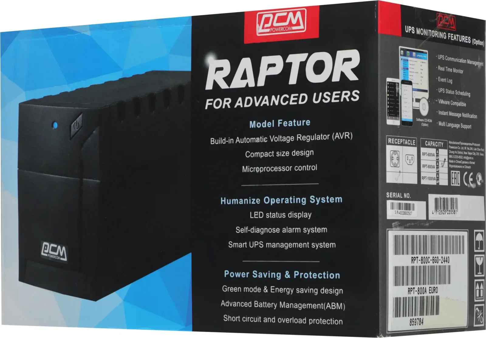 Источник бесперебойного питания Powercom Raptor RPT-800A EURO 480Вт 800ВА черный - фото 4