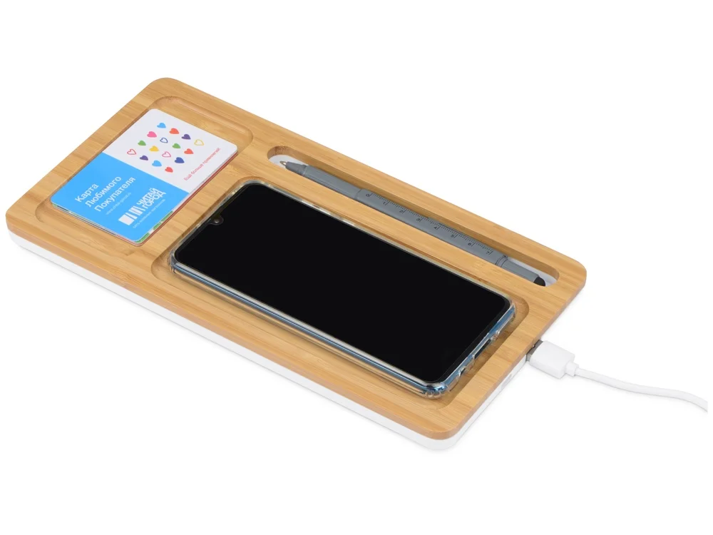 Беспроводное зарядное устройство-органайзер из бамбука Timber натуральный/белый - фото 2