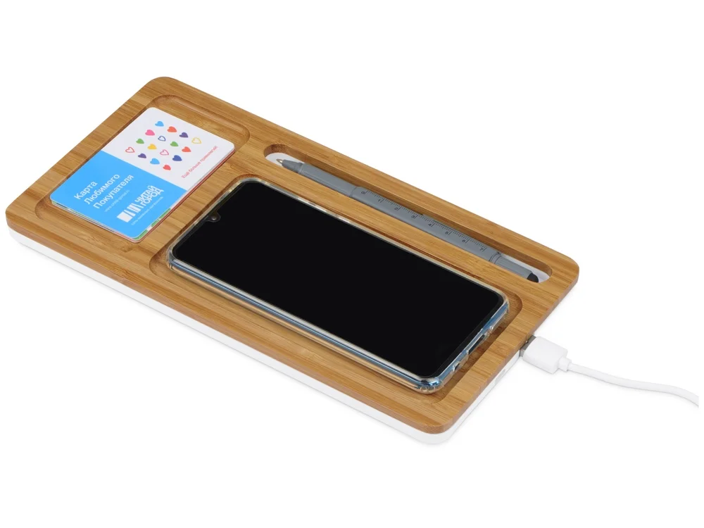 Беспроводное зарядное устройство-органайзер из бамбука Timber темно-натуральный/белый - фото 2