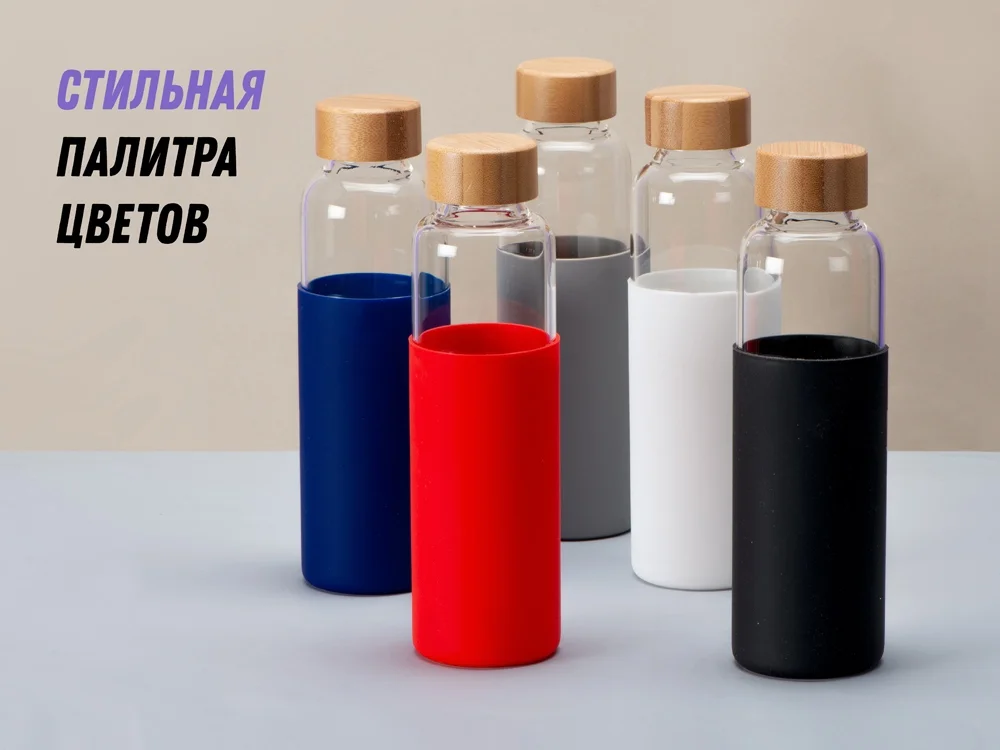 Стеклянная бутылка для воды в силиконовом чехле Refine черный 550 мл - фото 14