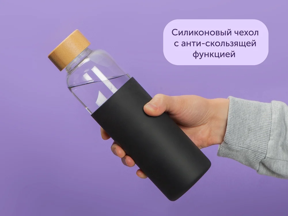 Стеклянная бутылка для воды в силиконовом чехле Refine черный 550 мл - фото 9
