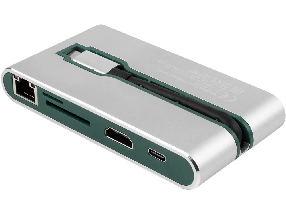 Хаб 8-в-1 Type-C Hermes USB 3.0 x 3 Type-C PD HDMI LAN картридер зеленый - фото 3
