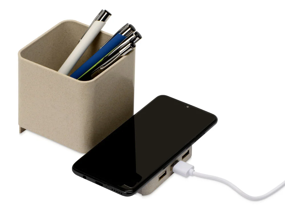 Настольный органайзер Cubic с функциями USB-хаба и беспроводной зарядки натуральный - фото 1