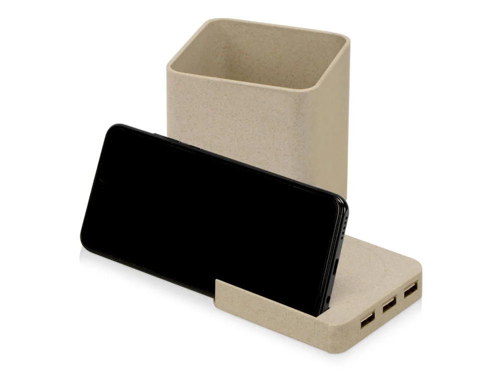 Настольный органайзер Cubic с функциями USB-хаба и беспроводной зарядки натуральный - фото 5