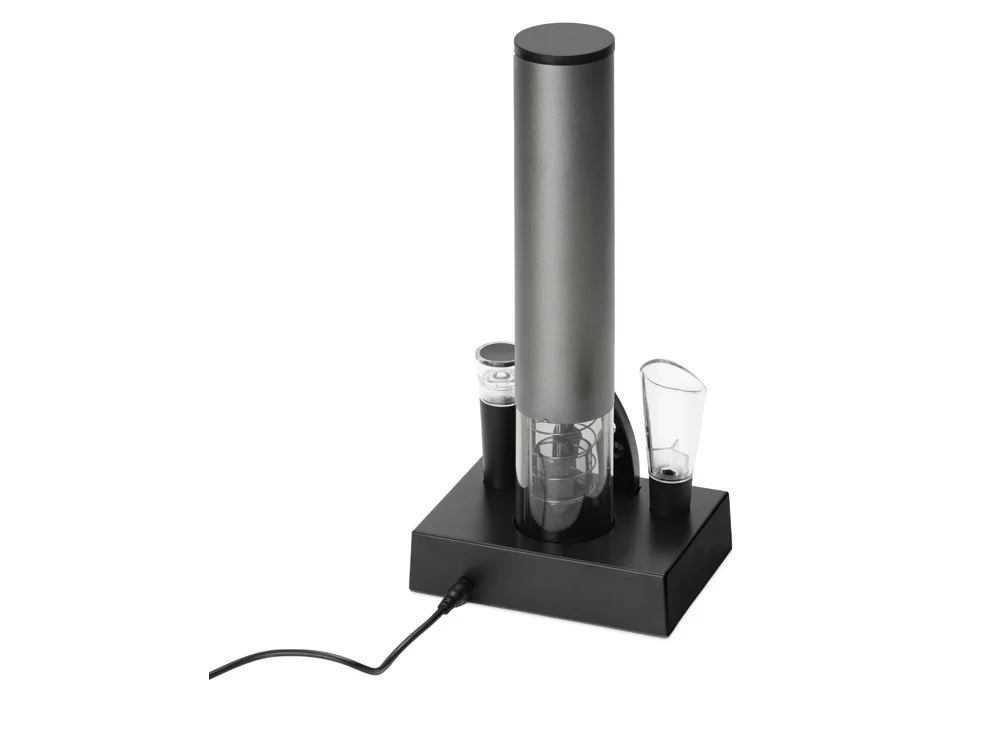 Набор аксессуаров для вина с электрическим штопором и док-станцией «Palermo», темно-серебристый, черный, прозрачный - фото 3