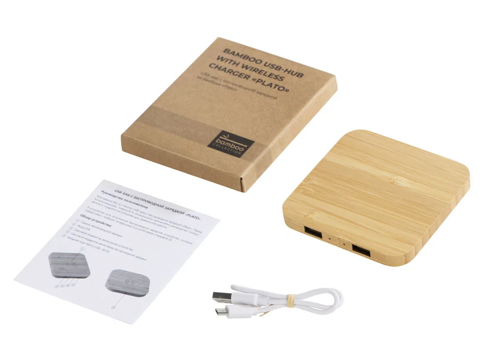 USB-хаб с беспроводной зарядкой из бамбука Plato 5 Вт натуральный - фото 11