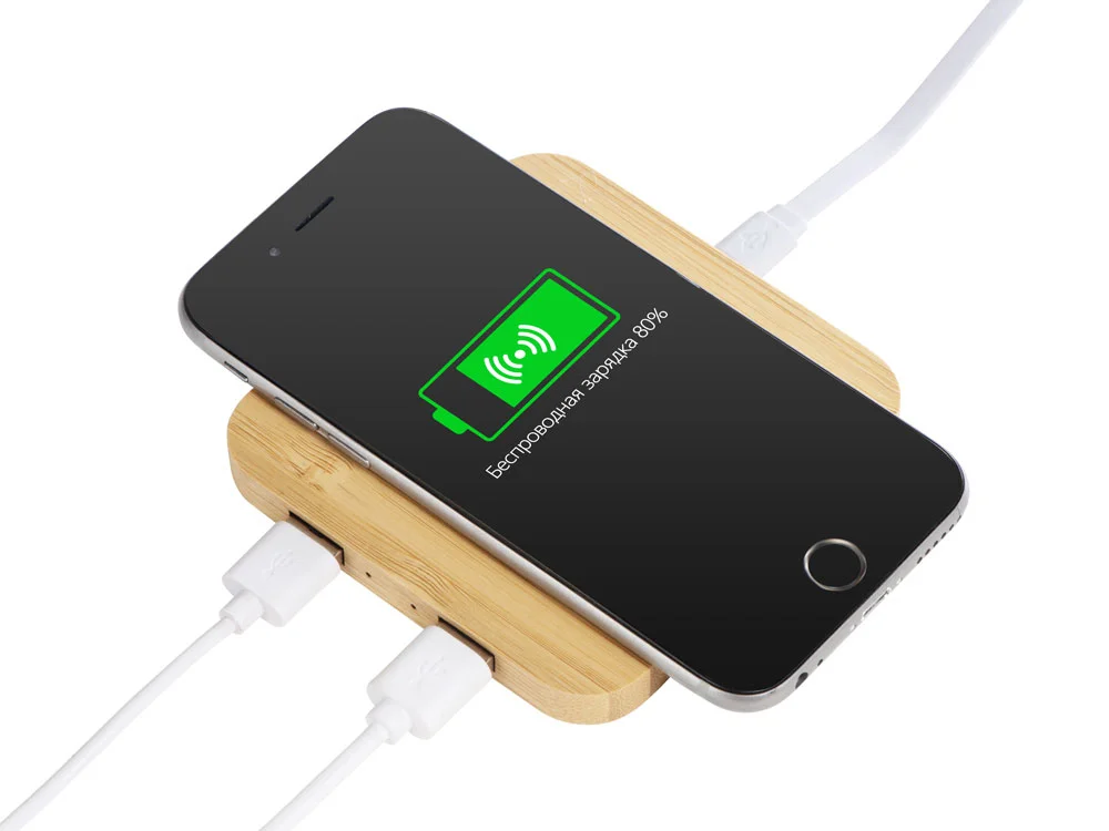 USB-хаб с беспроводной зарядкой из бамбука Plato 5 Вт натуральный - фото 2