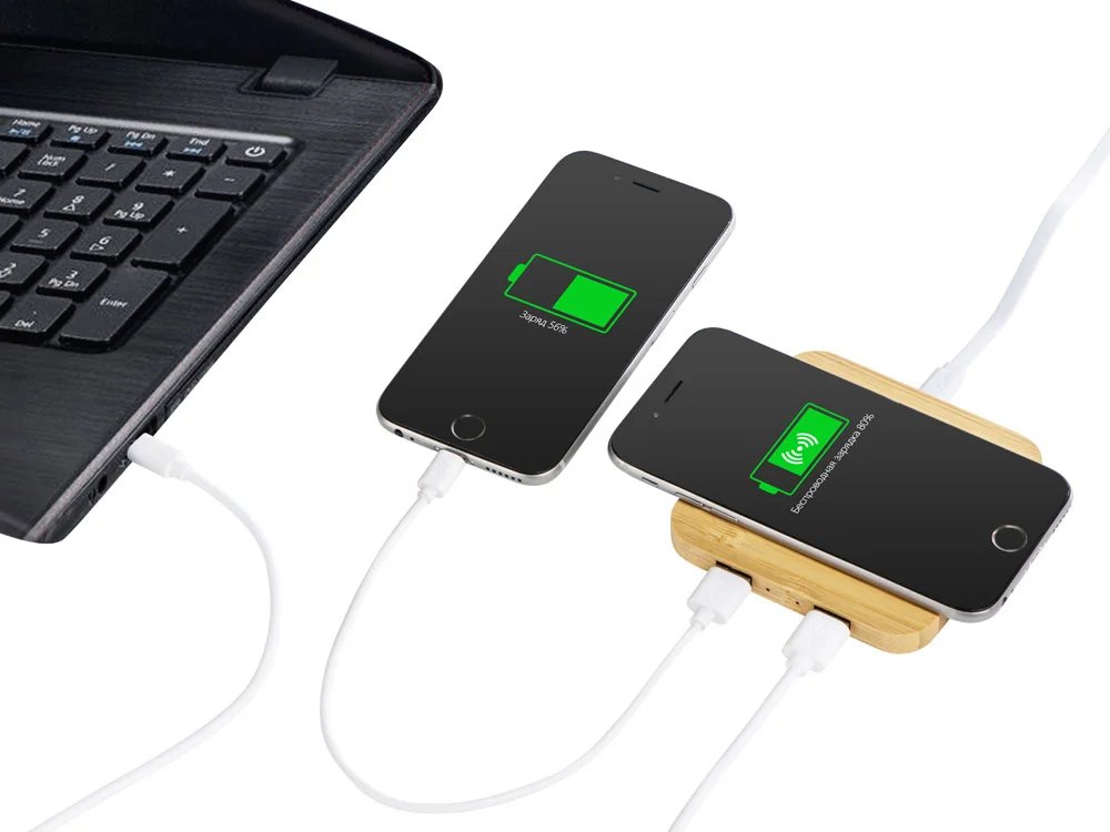 USB-хаб с беспроводной зарядкой из бамбука Plato 5 Вт натуральный - фото 3