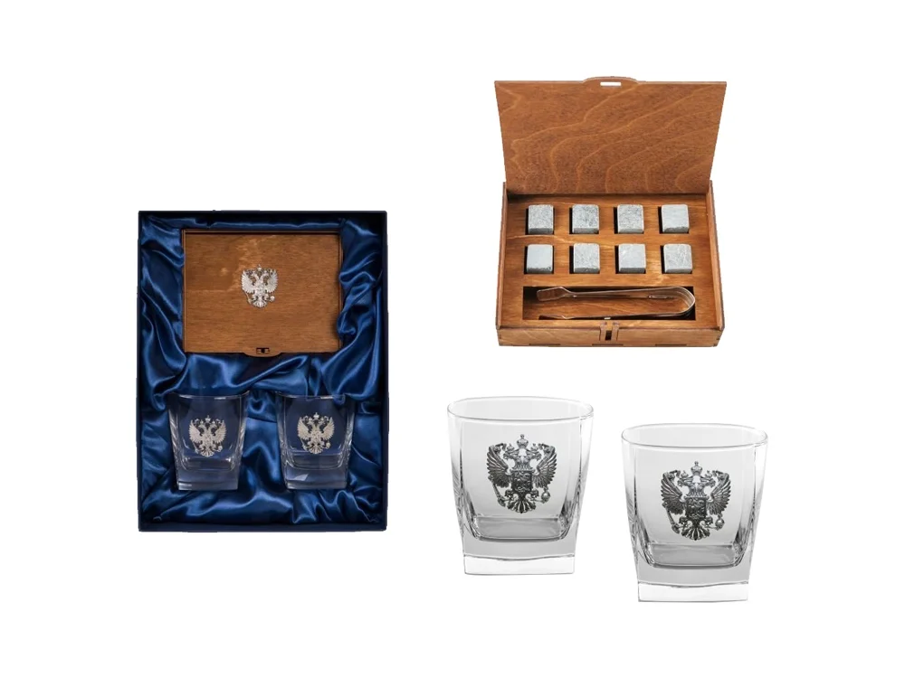 Набор для виски с камнями для охлаждения, прозрачный/серебристый, серый, коричневый, 2 х 300