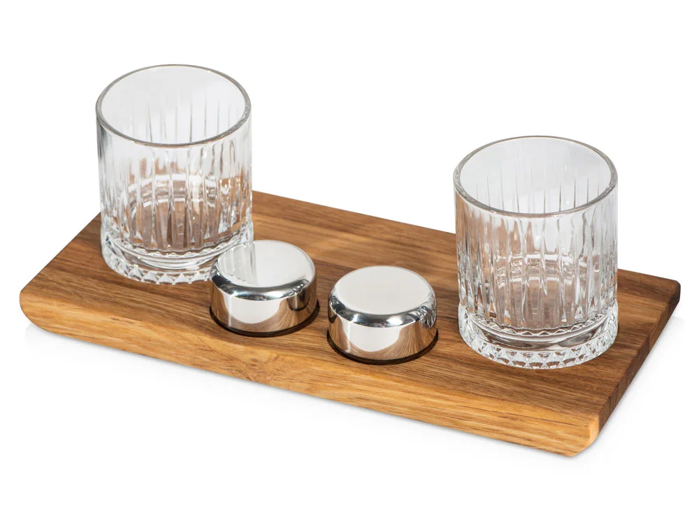 Набор для виски и коктейлей на подставке из дуба Savour натуральный прозрачный серебристый 2 х 210