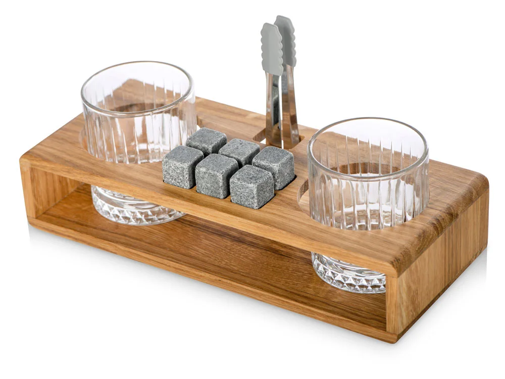 Набор для виски и коктейлей на подставке из дуба «Whiskey Party», натуральный, прозрачный, серый, серебристый, 2 х 210