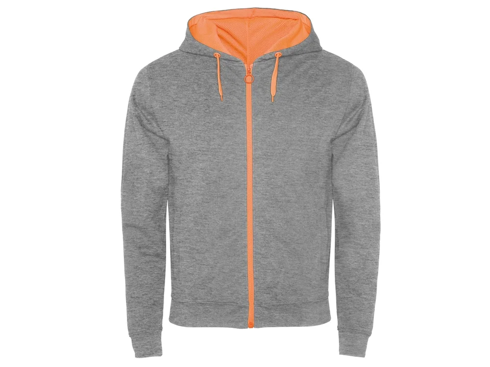 Толстовка на молнии «Fuji» унисекс, серый меланж, неоновый оранжевый, L
