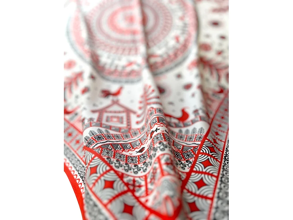 Платок Мезенская роспись красный белый - фото 2