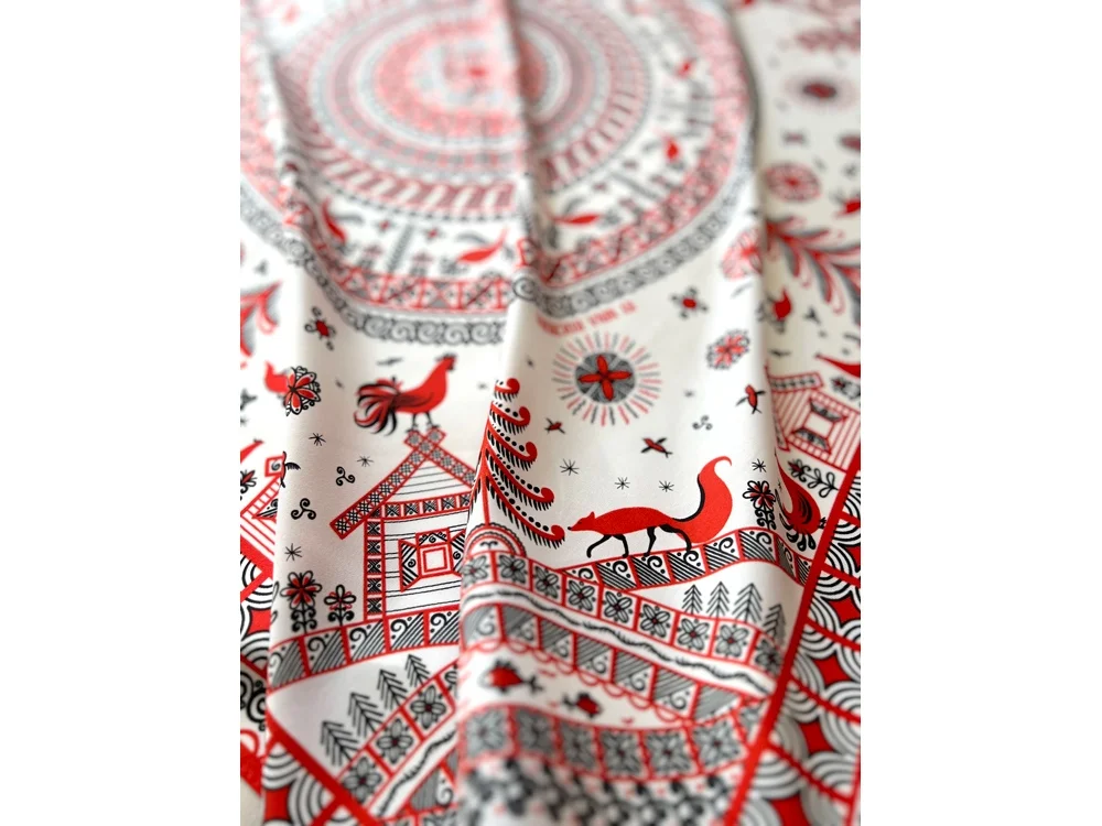 Платок Мезенская роспись красный белый - фото 3