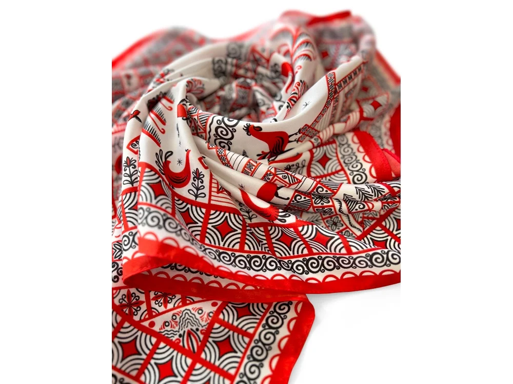 Платок Мезенская роспись красный белый - фото 5